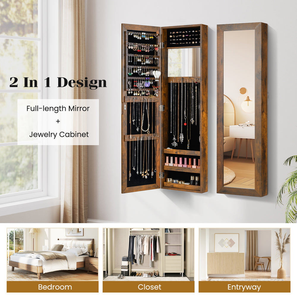 Full-length mirror jewelry cabinet in rustic brown with 40 ring slots and 25 hooks, perfect for bedroom organization.