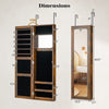 Full length mirror jewelry cabinet in rustic brown with ring slots, necklace hooks, and storage racks for organized.