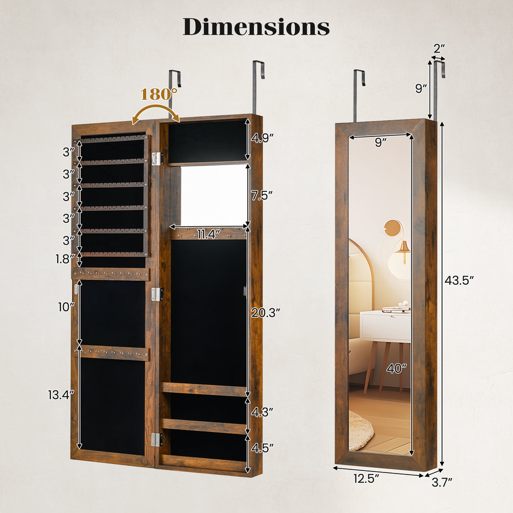 Full length mirror jewelry cabinet in rustic brown with ring slots, necklace hooks, and storage racks for organized.