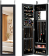 Full length mirror jewelry cabinet in black with ring slots, necklace hooks, and organized storage for valuables.