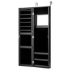 Full length mirror jewelry cabinet in black with ring slots, necklace hooks, and space-saving wall-mounted design.