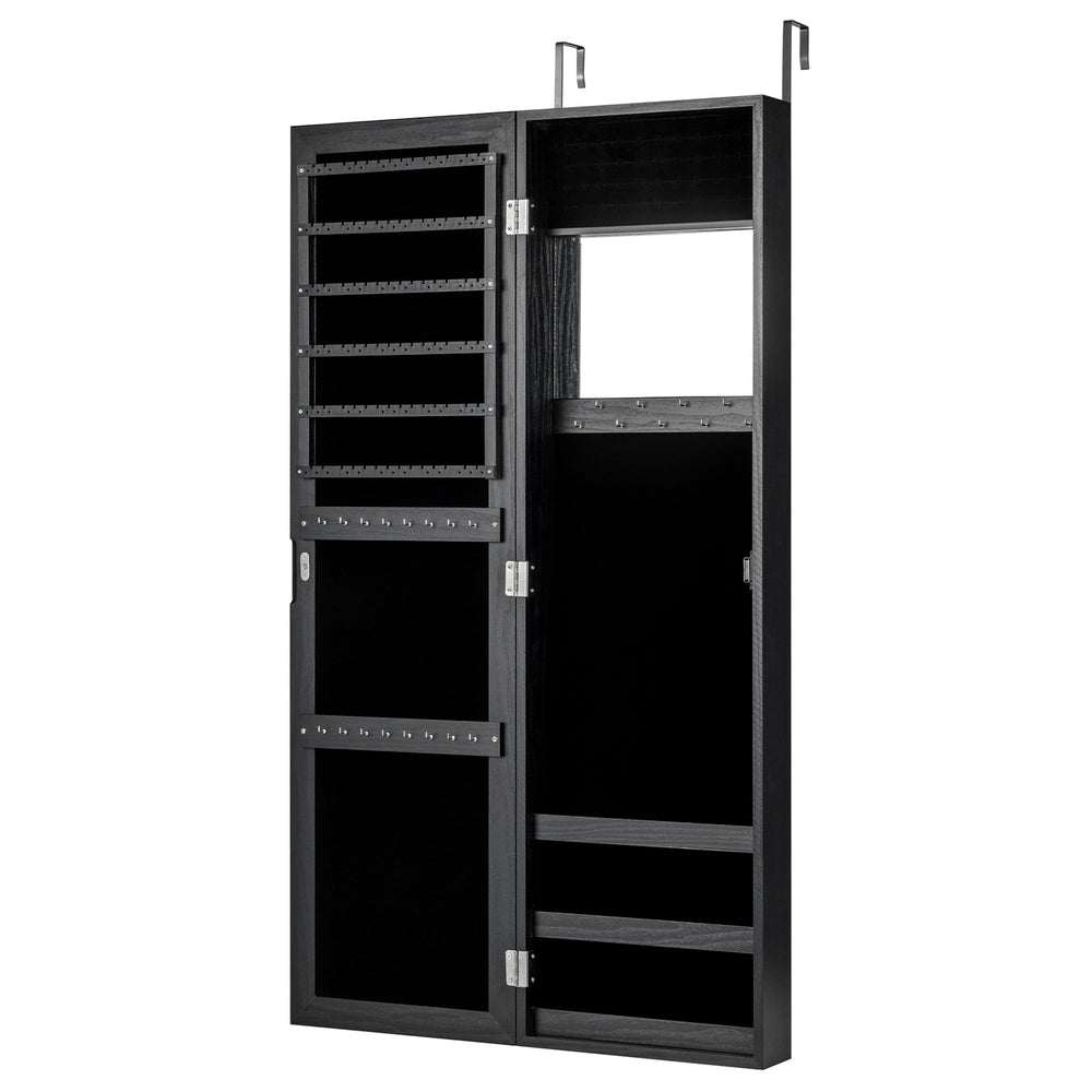 Full length mirror jewelry cabinet in black with ring slots, necklace hooks, and space-saving wall-mounted design.