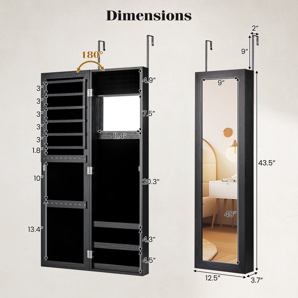 Full length mirror jewelry cabinet in black with ring slots, necklace hooks, and dimensions for wall or door mounting.