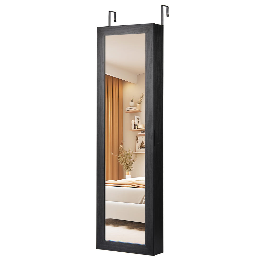 Full length black mirror jewelry cabinet with ring slots and necklace hooks, perfect for organized storage in small.