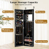Full length mirror jewelry cabinet in black with 40 ring slots, 25 hooks, and 3 storage shelves for organized jewelry.