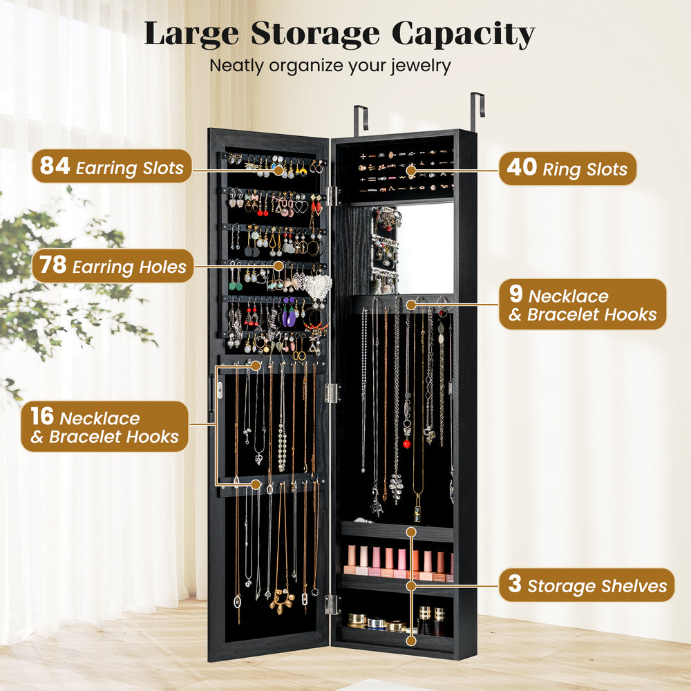 Full length mirror jewelry cabinet in black with 40 ring slots, 25 hooks, and 3 storage shelves for organized jewelry.