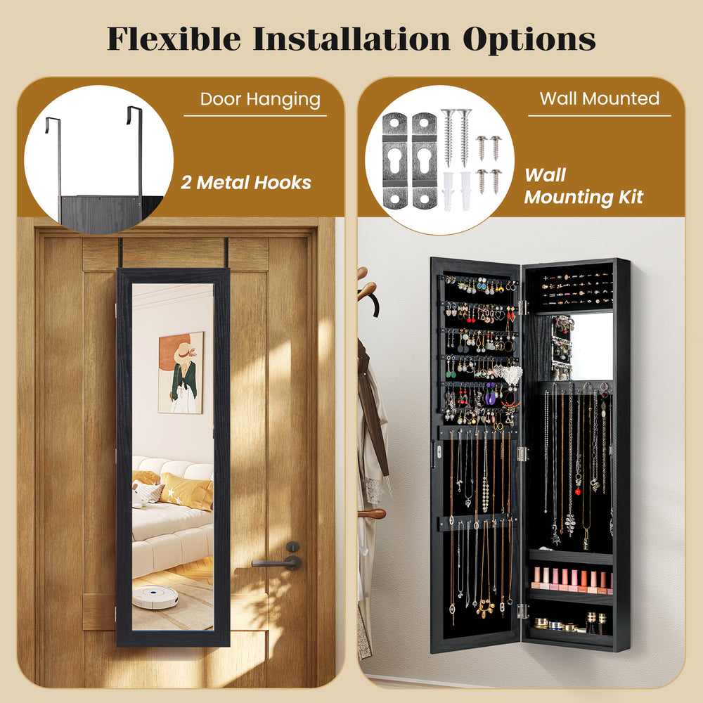 Full length mirror jewelry cabinet in black, featuring ring slots and necklace hooks, ideal for organized storage.