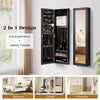 Full-length mirror jewelry cabinet in black with necklace hooks and ring slots, perfect for organized storage in small.