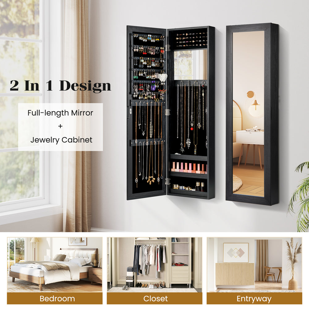 Full-length mirror jewelry cabinet in black with necklace hooks and ring slots, perfect for organized storage in small.