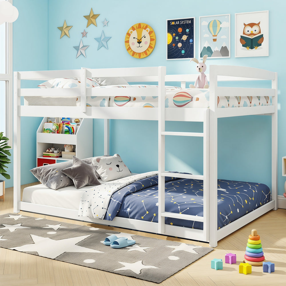 Full over full bunk bed in white with a low-to-ground design and spacious sleeping area, ideal for children's bedrooms.