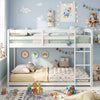 Full over full bunk bed in white solid pine wood with integrated ladder and safety guardrails for children's rooms.