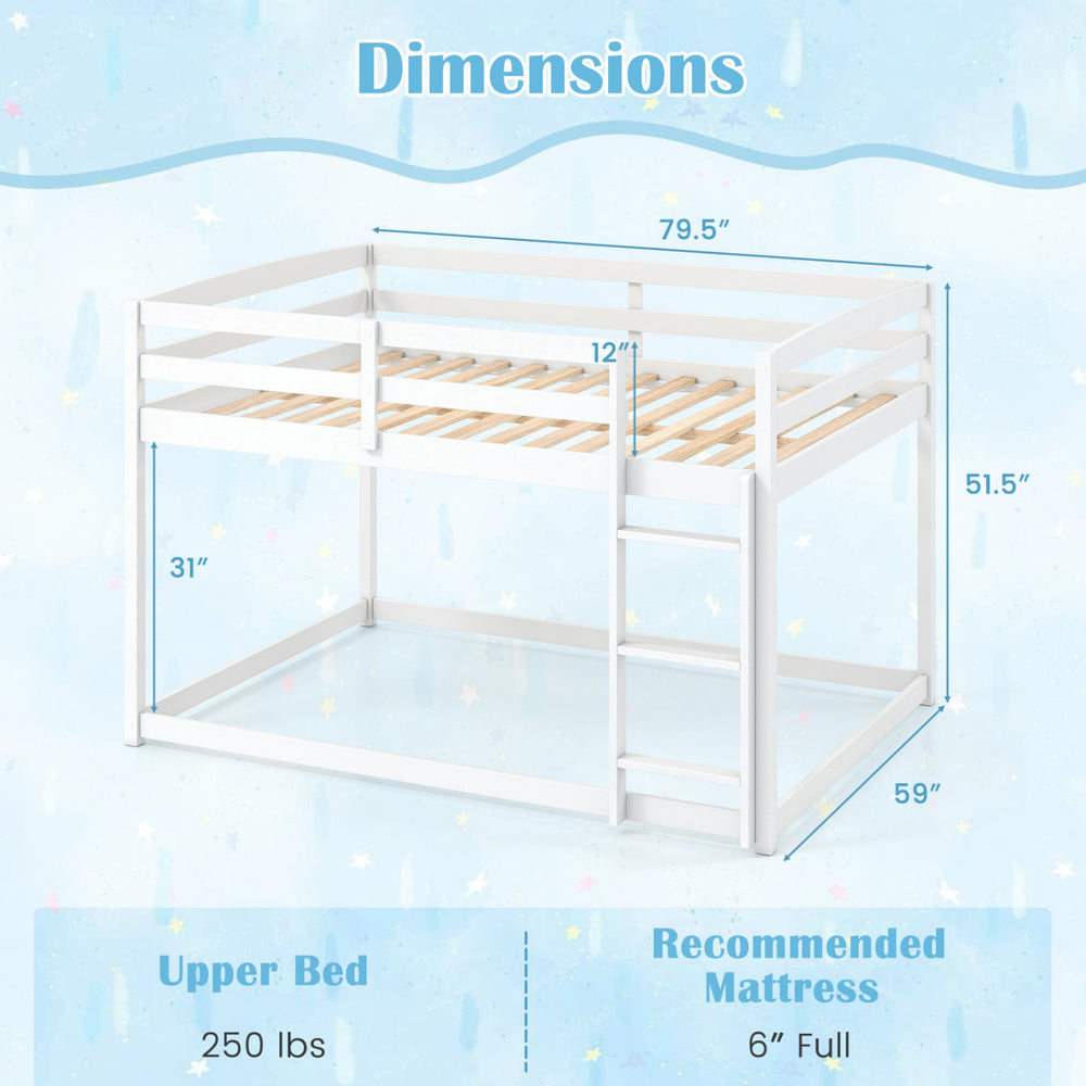 Full over full bunk bed in white with solid pine wood, integrated ladder, and safety guardrails for secure sleeping.