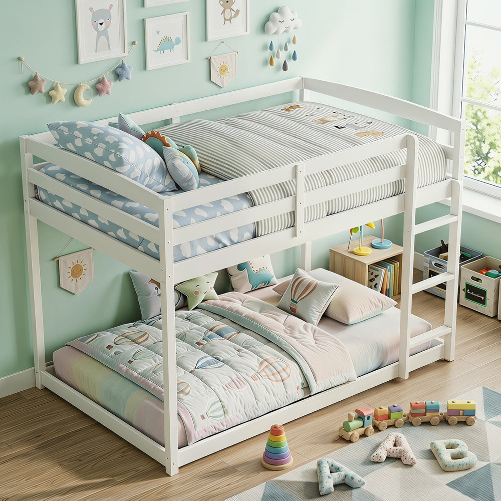 Full over full bunk bed in white solid pine wood with integrated ladder and safety guardrails for safe sleeping.