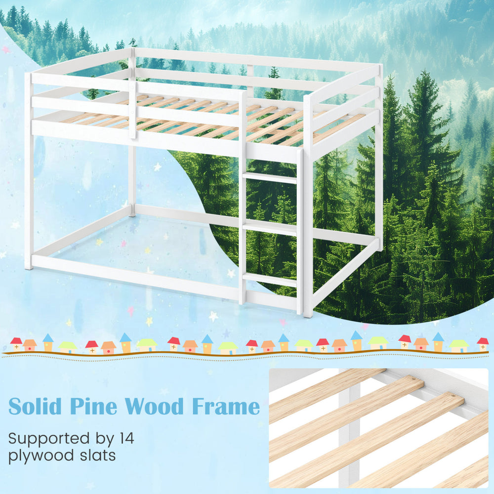 Full over full bunk bed in white solid pine wood frame with integrated ladder and safety guardrails for secure sleeping.