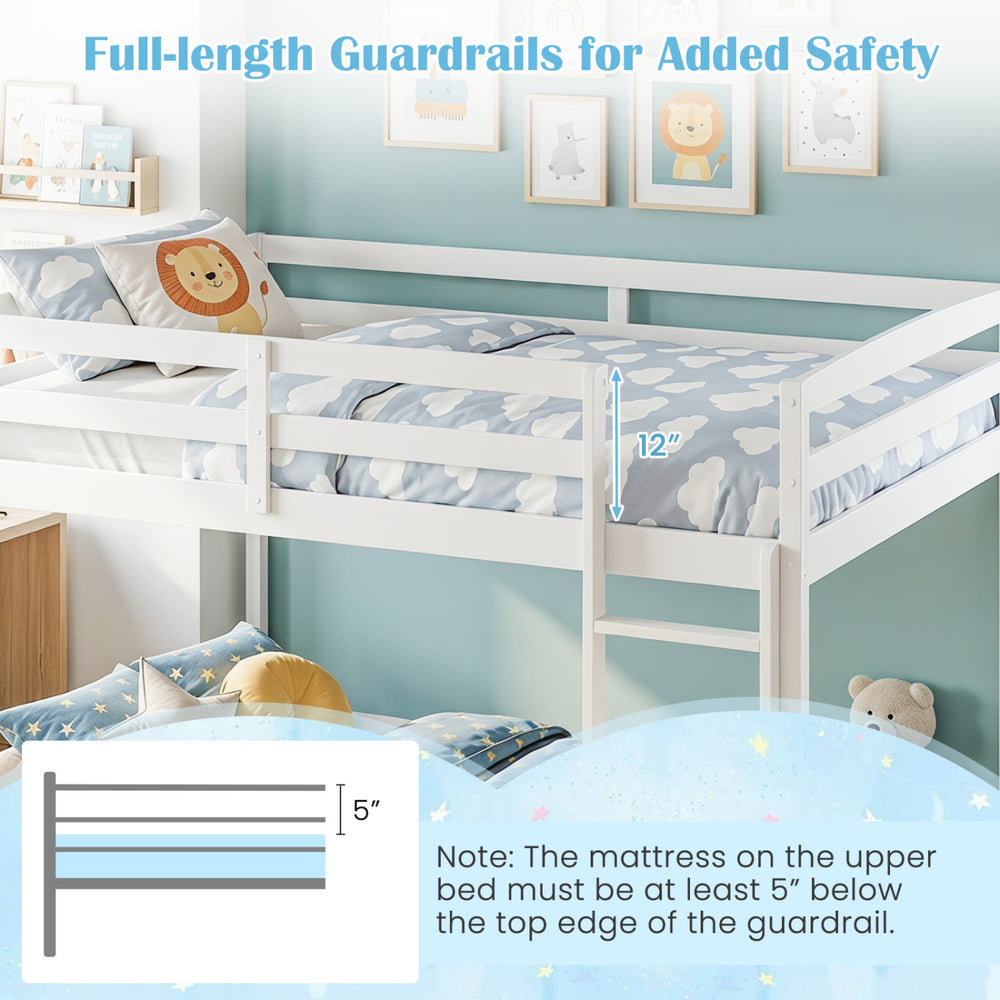 Full over full bunk bed in white with solid pine wood, featuring 12" guardrails and a sturdy 3-step ladder for safety.