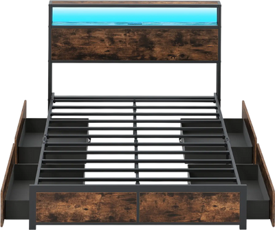Costway LED Bed Frame Full/Queen Charging Station 4 Storage Drawers 51604398 New
