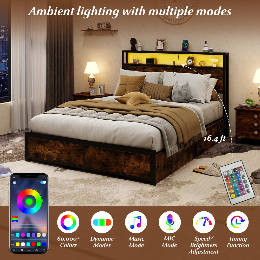 Full/Queen size LED bed frame with ambient lighting, 4 storage drawers, and charging station for organized bedrooms.