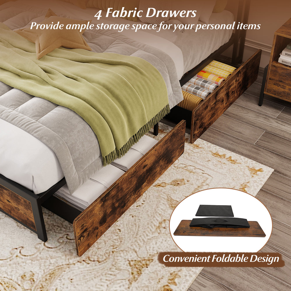 Full/Queen size LED bed frame featuring 4 foldable fabric drawers for organized storage and a sleek design.