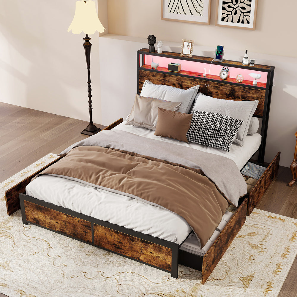 Full/Queen size LED bed frame with storage drawers, featuring a stylish wood finish and ambient lighting for a modern.
