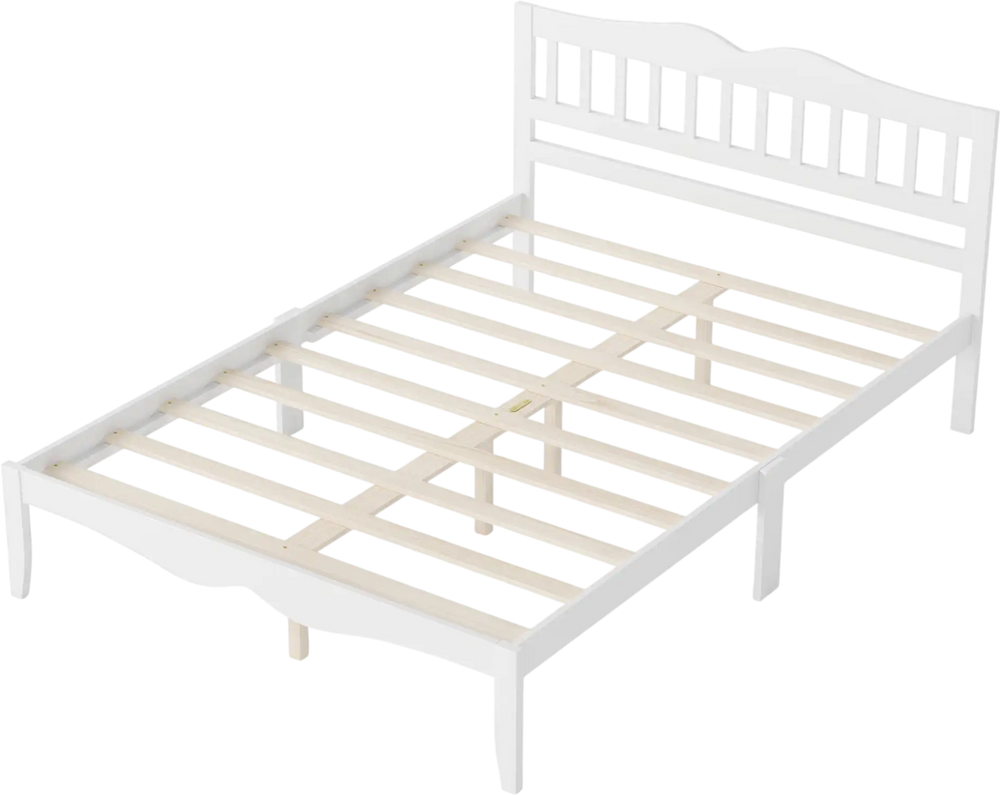 Full/Queen size modern farmhouse bed frame with scalloped headboard and solid wood construction for enhanced stability.