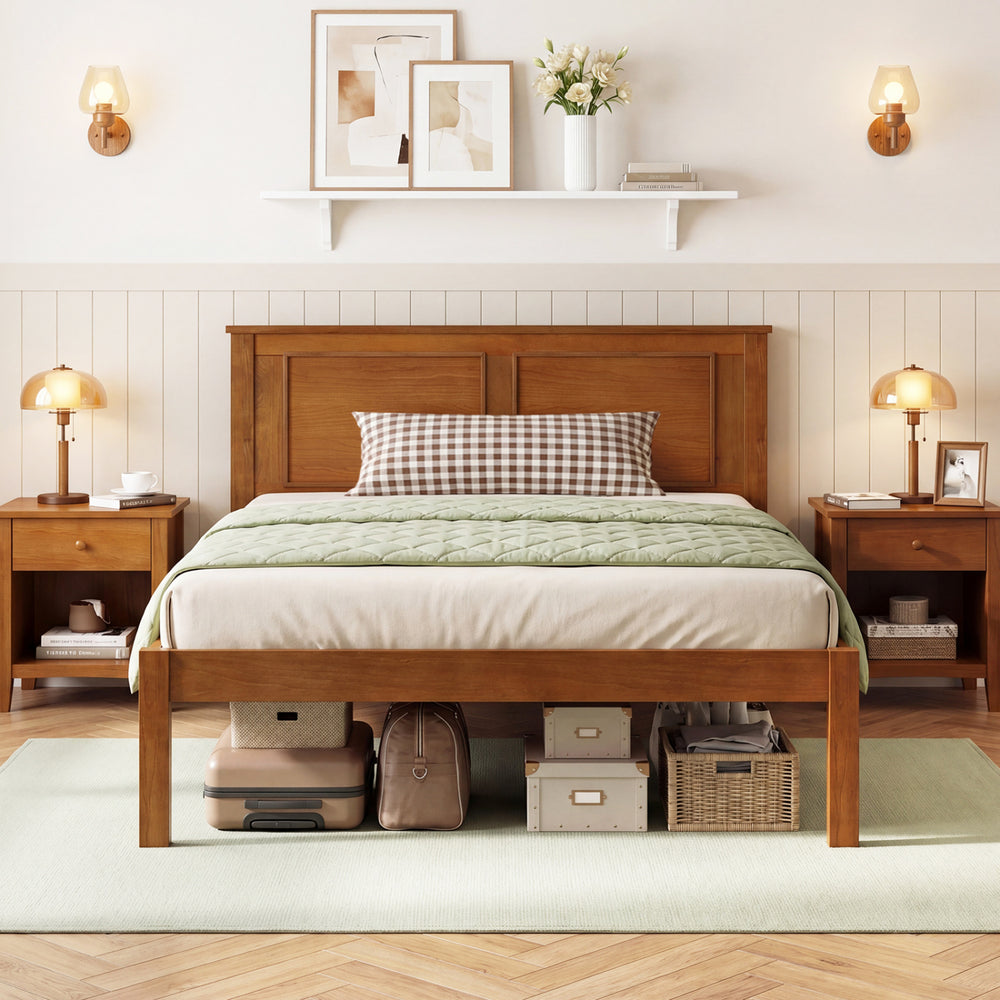 Farmhouse wooden platform bed frame with headboard in twin size, styled in a cozy bedroom setting.