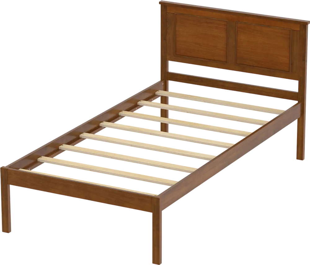 Twin size farmhouse wooden platform bed frame with headboard, showcasing a natural wood finish and slatted base.