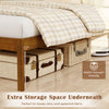 Farmhouse wooden platform bed frame with headboard, featuring 12 inches of under-bed storage for boxes and seasonal.