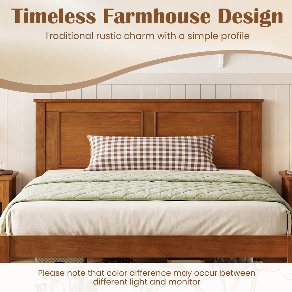 Farmhouse wooden platform bed frame with headboard in twin size, showcasing rustic charm and simple design.