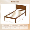 Twin size farmhouse wooden platform bed frame with headboard, featuring a sturdy design and slatted support.