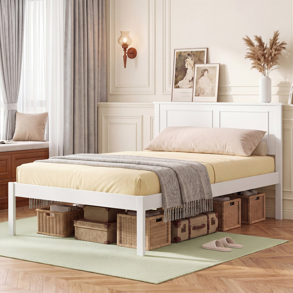 Full/Queen/Twin Size Bed Frame Farmhouse Wooden Platform Bed with Headboard White-Twin Size - Gallery View 1 of 10