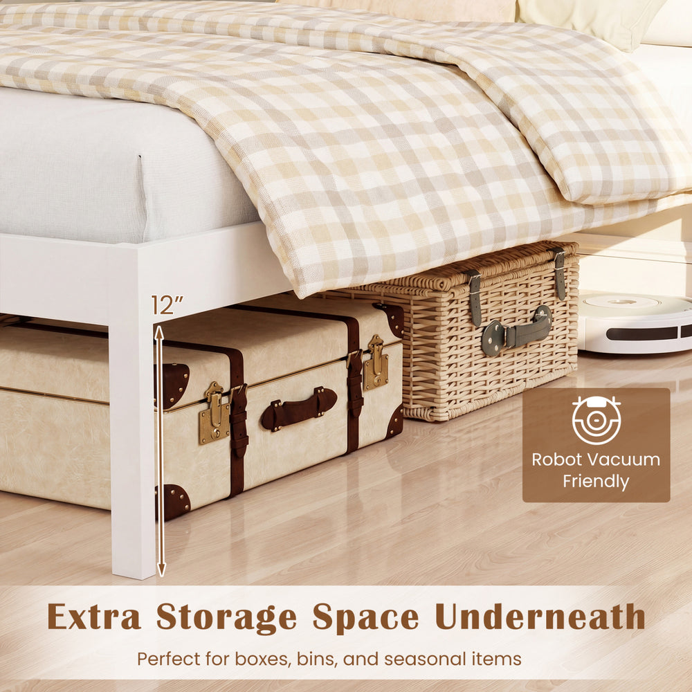 Twin size farmhouse wooden platform bed frame in white, showcasing 12" of extra storage space underneath for bins and.