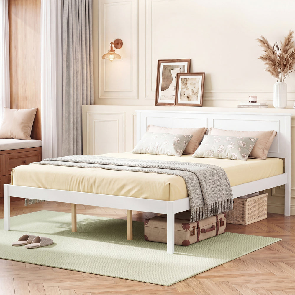 Full/Queen/Twin Size Bed Frame Farmhouse Wooden Platform Bed with Headboard White-Queen Size - Gallery View 1 of 10