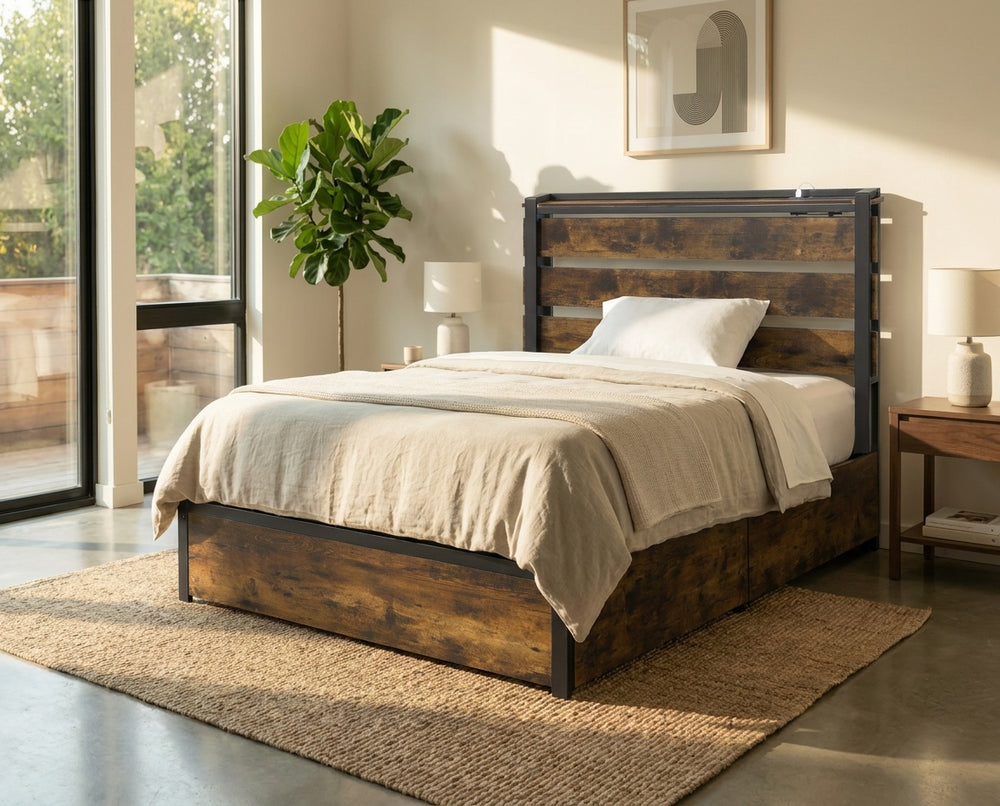 Twin size bed frame with robust metal structure, fabric drawers, LED lights, and USB ports for modern bedroom.
