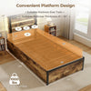 Twin size bed frame with robust metal construction, 4 fabric drawers, LED lights, and USB ports for convenient charging.