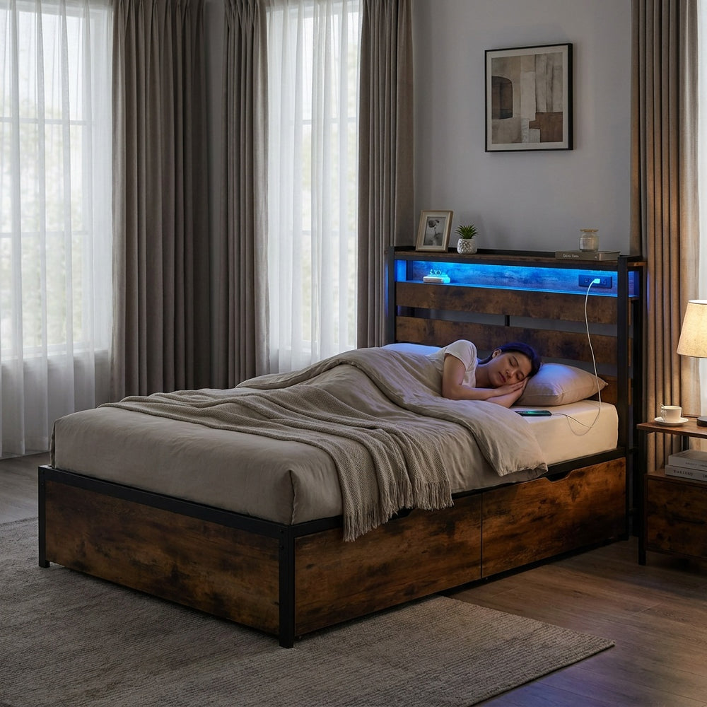 Twin size bed frame featuring a slatted headboard, RGB LED lights, and USB ports, enhancing bedroom ambiance and.