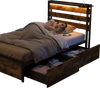 Twin size bed frame with LED lights, USB ports, and fabric drawers, perfect for stylish and functional bedroom storage.