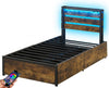 Twin size bed frame with drawers, LED lights, USB ports, and a slatted high headboard for stylish storage solutions.