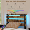 Twin size bed frame with LED lights, USB ports, and four drawers, featuring a slatted high headboard for stylish.