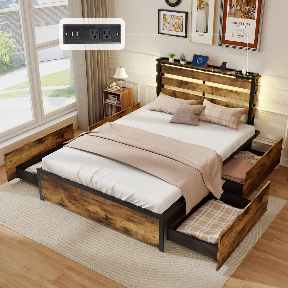Full/Queen/Twin Size Bed Frame with Drawers LED Lights and USB Ports-Full Size - Gallery View 1 of 11
