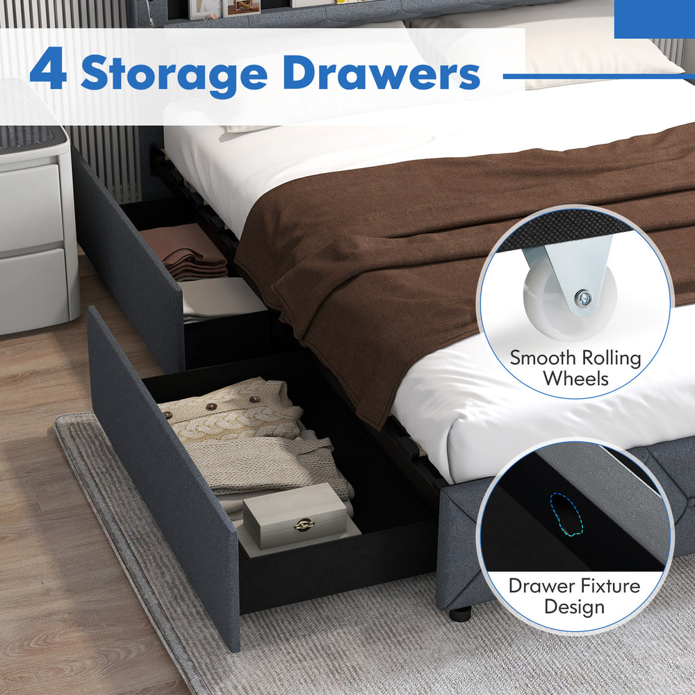 Full/Queen size bed frame featuring 4 storage drawers with smooth rolling wheels for convenient organization.