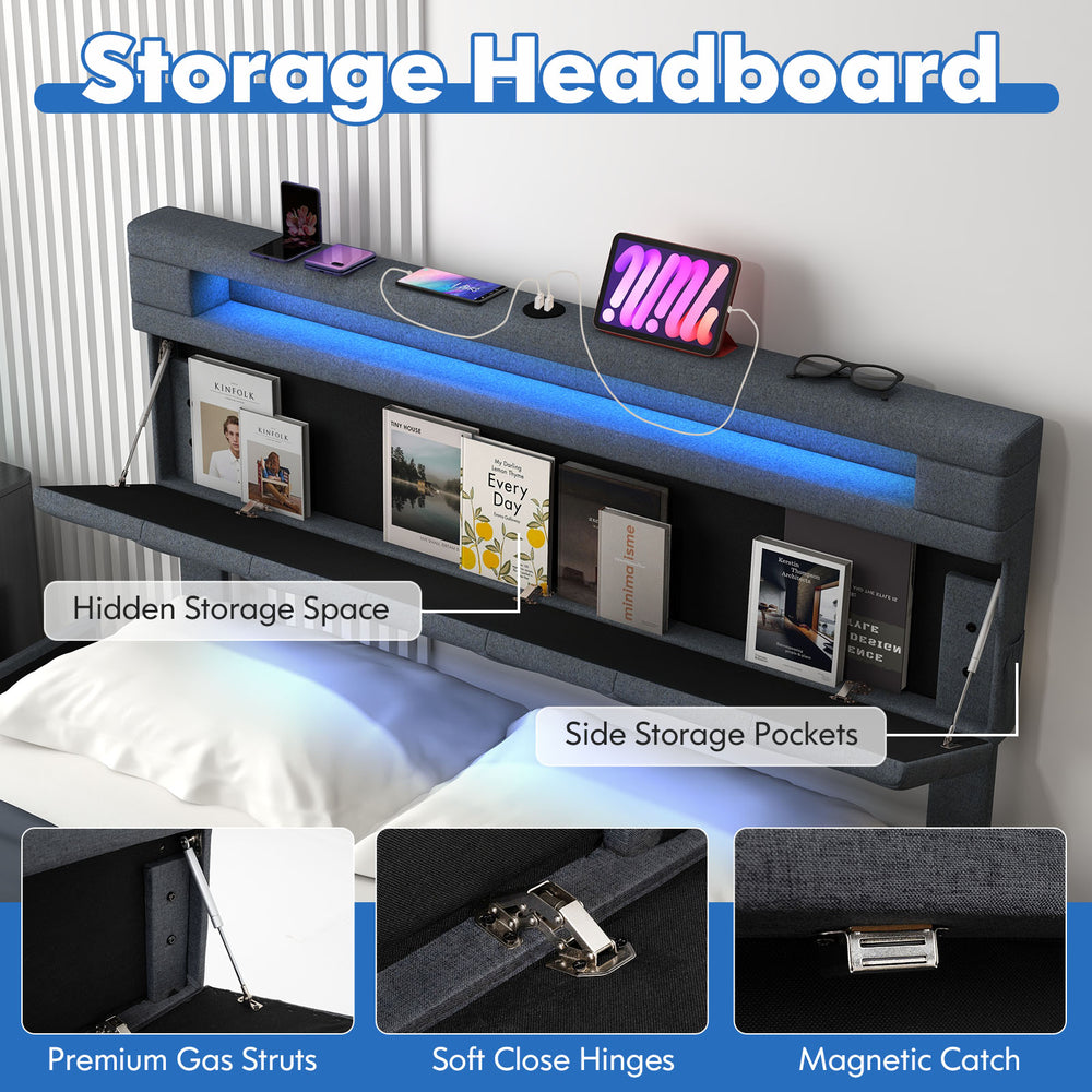 Adjustable storage headboard with LED lights, USB ports, and side pockets for convenient bedside organization.