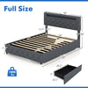Full size bed frame with adjustable storage headboard, wooden slat support, and built-in LED lights for modern elegance.