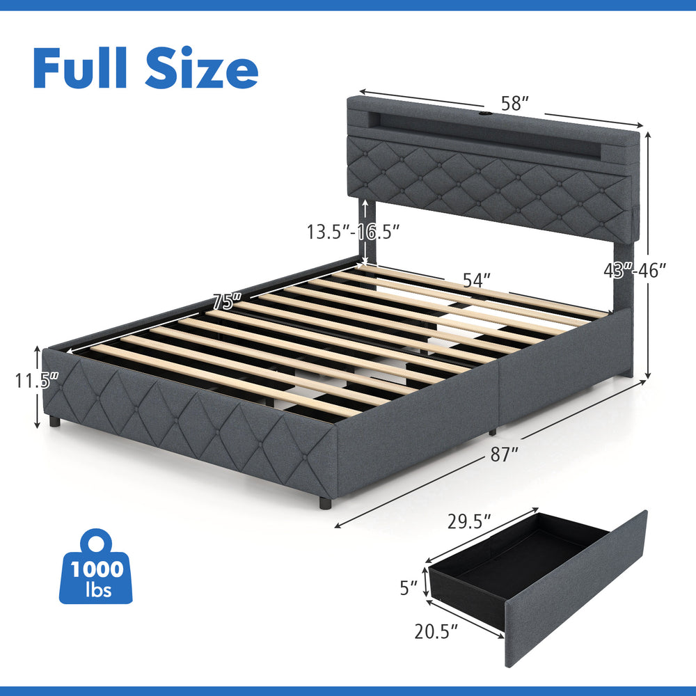 Full size bed frame with adjustable storage headboard, wooden slat support, and built-in LED lights for modern elegance.