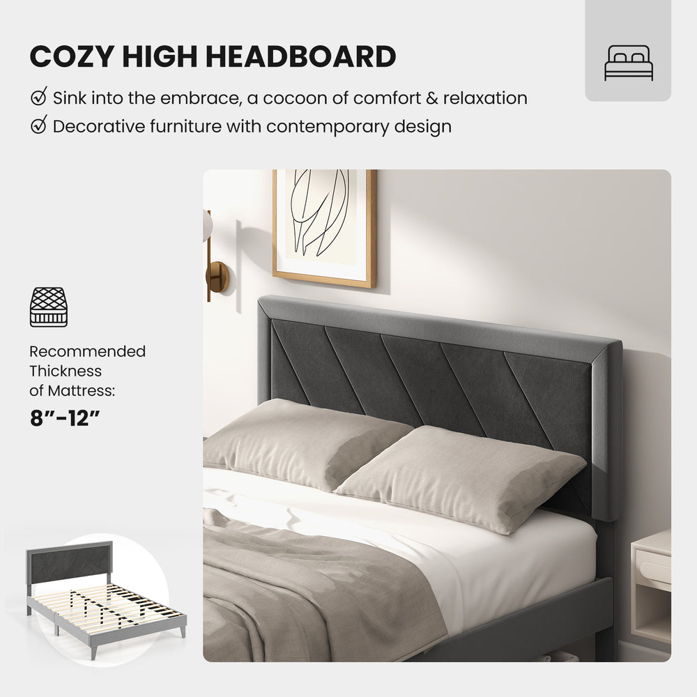 Cozy high headboard platform bed in velvet with wooden slats, designed for comfort and stability, perfect for restful.