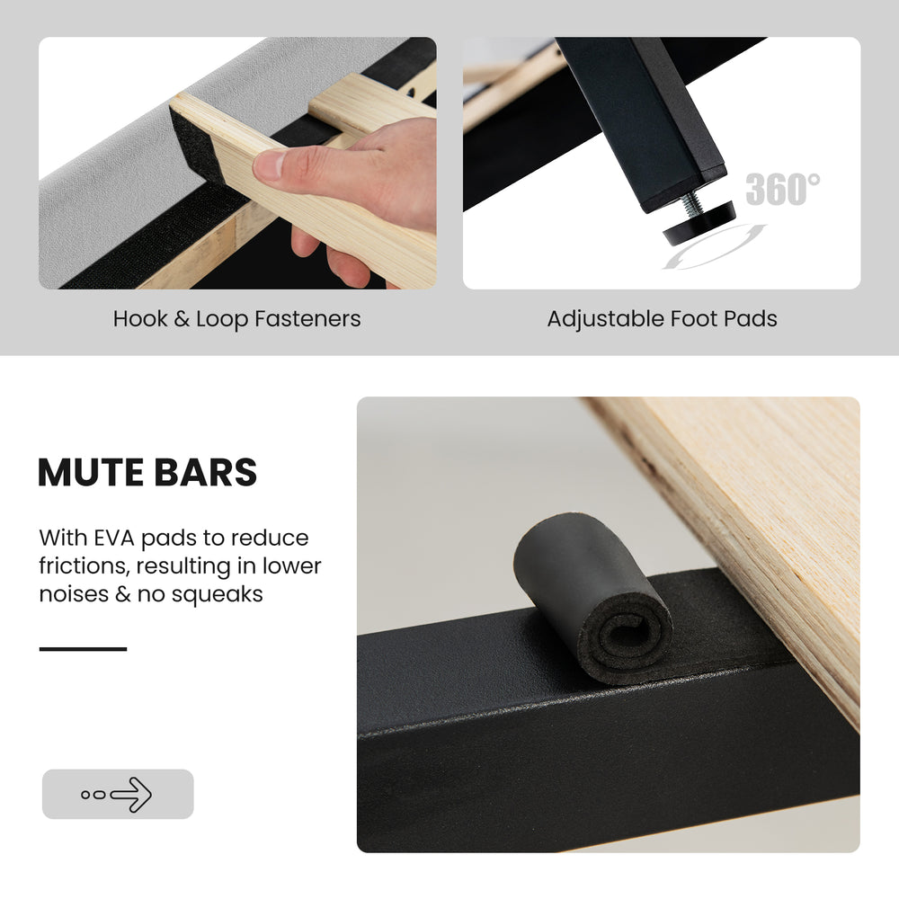 Close-up of adjustable foot pad and mute bar on the Twin/Full/Queen platform bed for enhanced stability and noise.