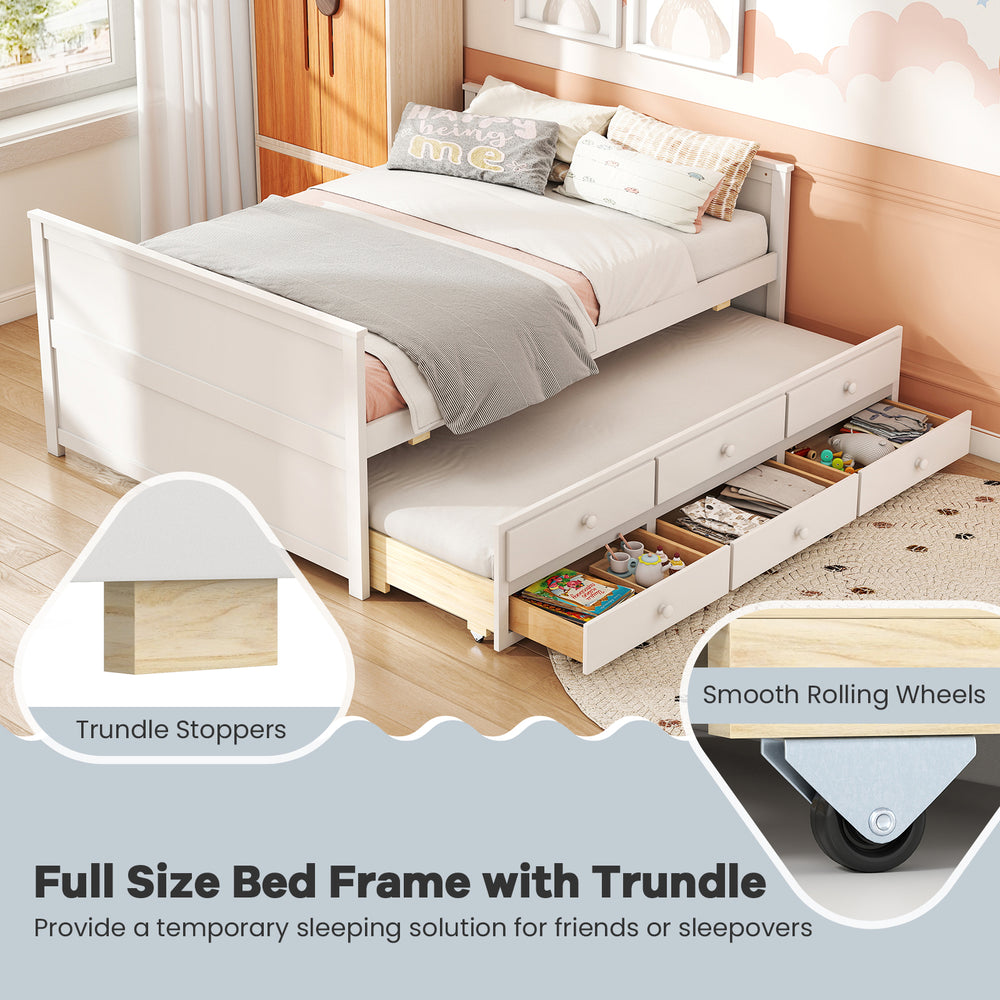 Full size bed frame with twin trundle and 3 storage drawers, featuring smooth rolling wheels for easy access.