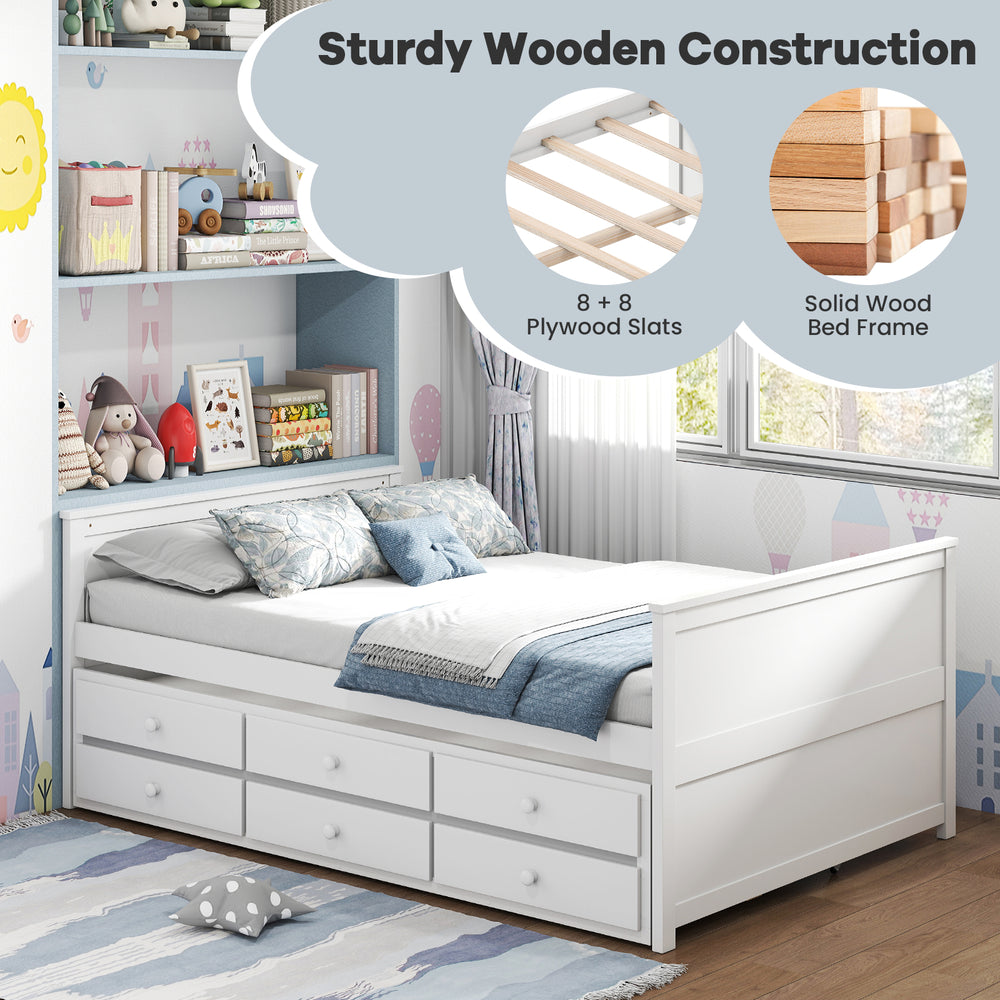 Full size bed frame in white with twin trundle and 3 storage drawers, featuring sturdy solid wood construction.