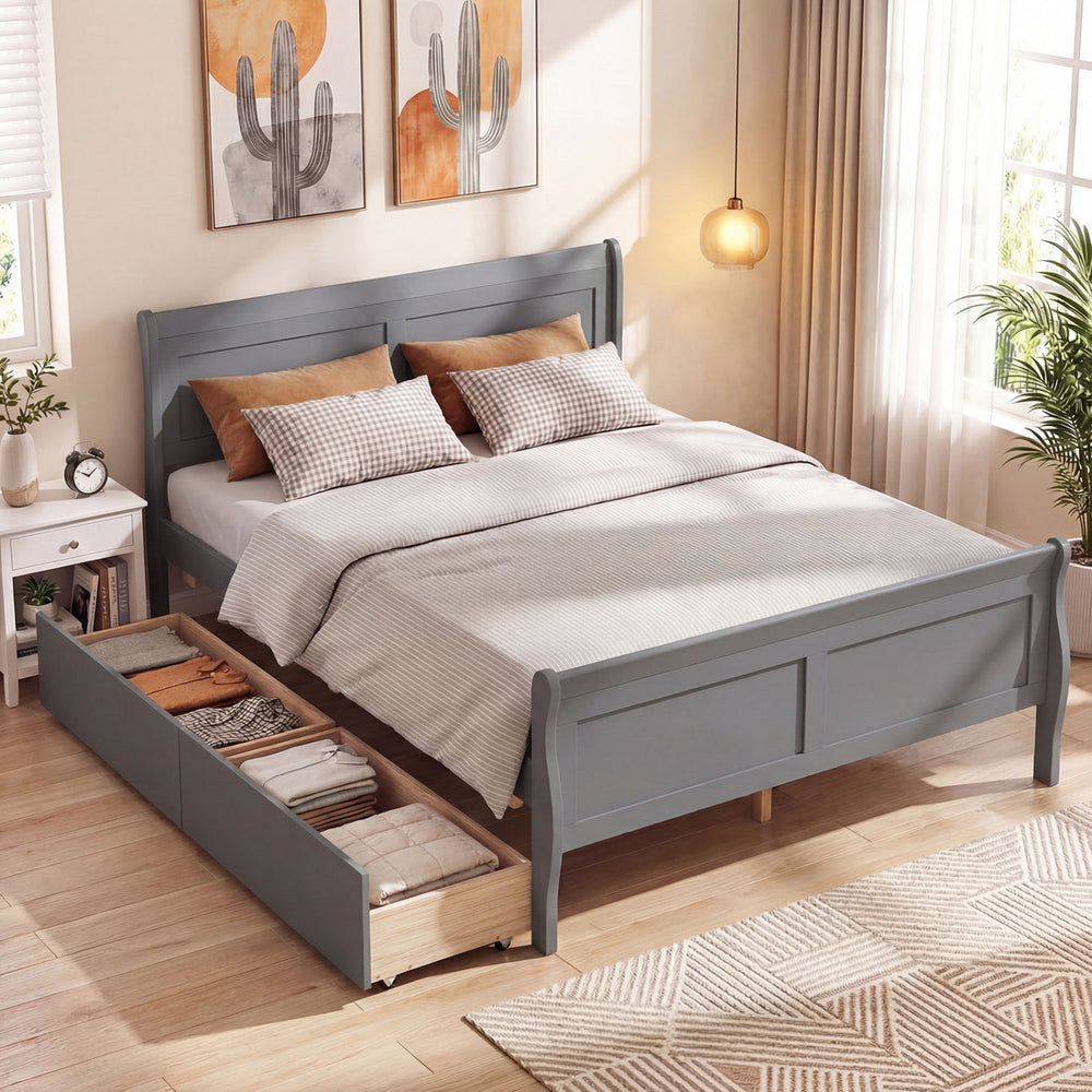 Full Size Bed Frame with 2 Storage Drawers and Footboard for Kids Teens Adults-Gray - Gallery View 1 of 11