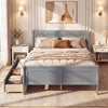 Full size gray bed frame with modern headboard, two storage drawers, and footboard for kids, teens, or adults.