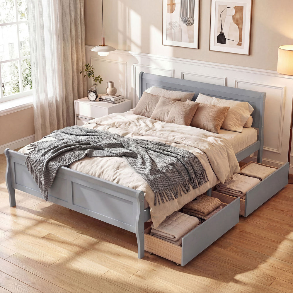 Full size gray bed frame with modern headboard, two storage drawers, and footboard for kids and adults.